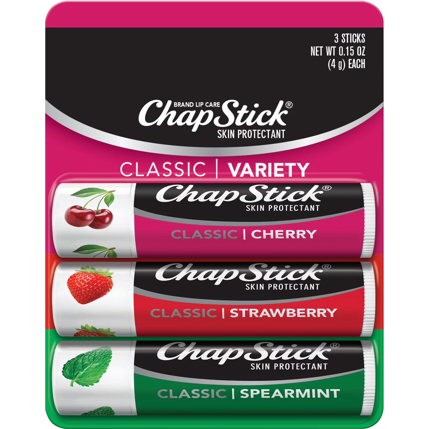 ChapStick Classic Lip Balm 3-Pack – Cherry, Spearmint & Strawberry (Pack of 12)