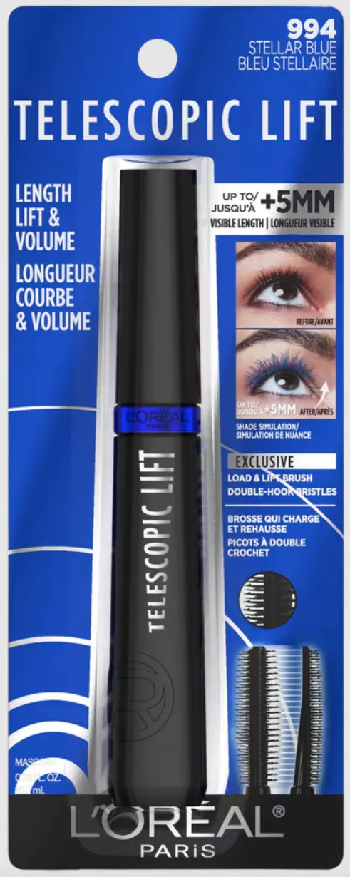L'Oreal Telescopic Lift Mascara Lengthening & Volumizing Washable, Stellar Blue, 0.33 oz – (Pack of 12, 24, 36, or 72)