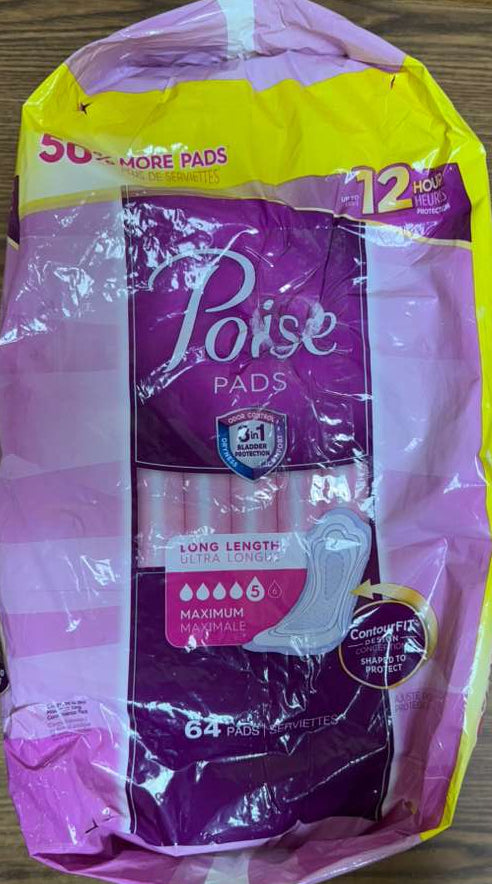 Poise Incontinence Pads, Maximum Absorbency, Long, 64 Count (Packaging is damaged!)