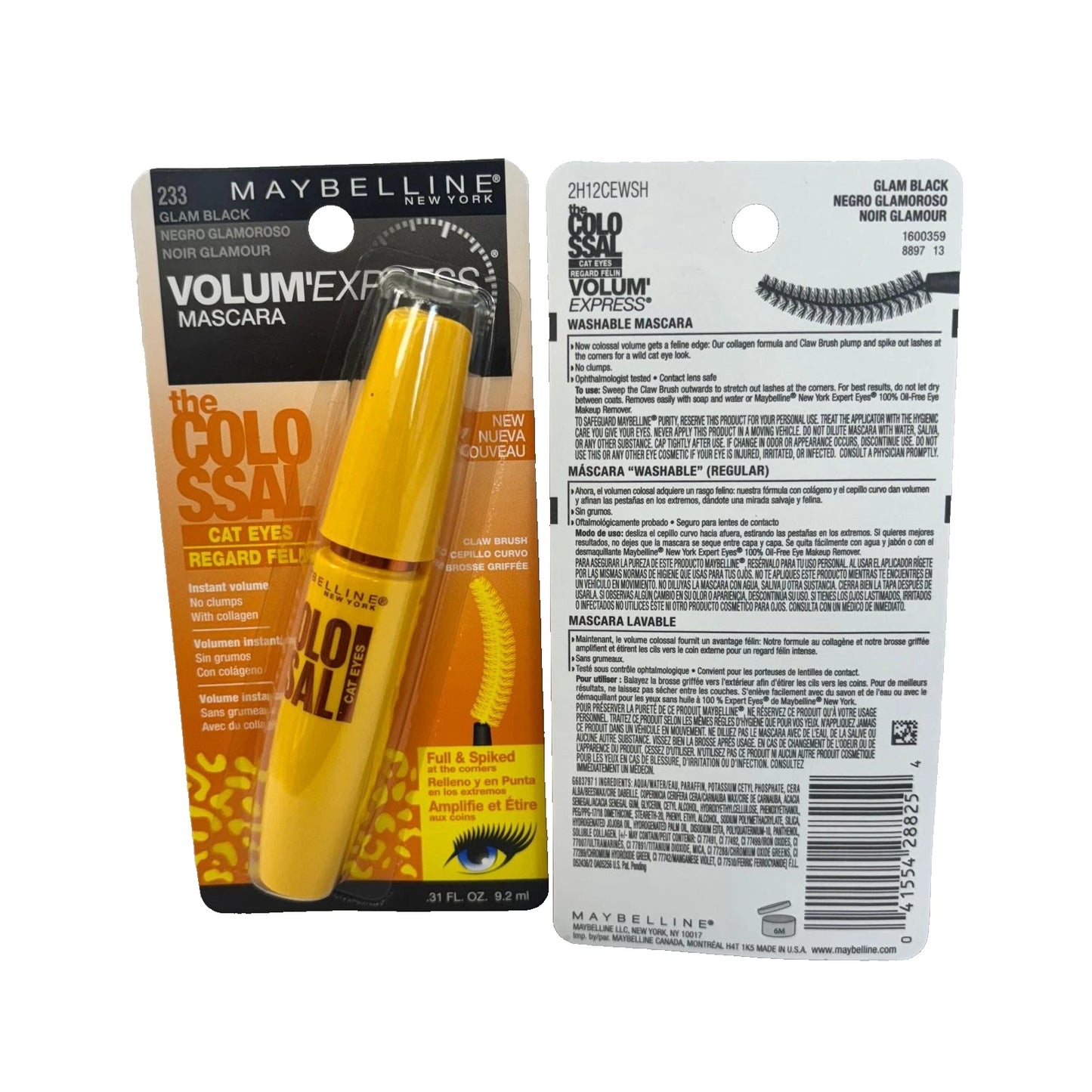 Lot of 2: Maybelline Volume Express Mascara Colossal Cat Eyes #233 Glam Black