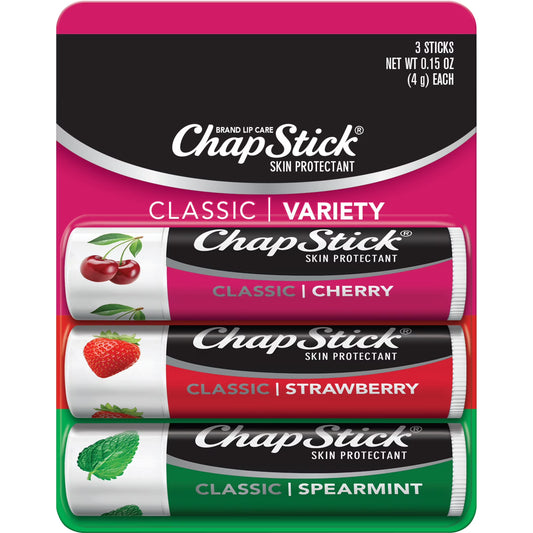 ChapStick Classic Lip Balm 3-Pack – Cherry, Spearmint & Strawberry (Pack of 12)