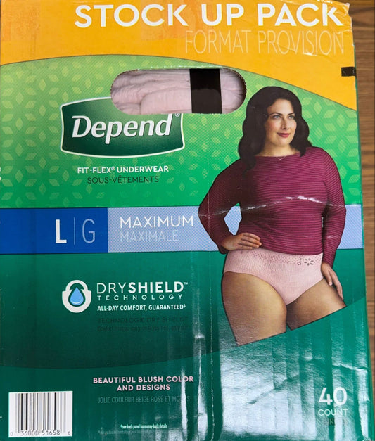 Depend Fresh Protection Adult Incontinence & Postpartum Underwear For Women-L-Blush-40ct (Packaging is slightly damaged!)