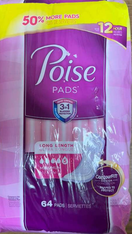 Poise Incontinence Pads, Maximum Absorbency, Long, 64 Count (Packaging is damaged!)