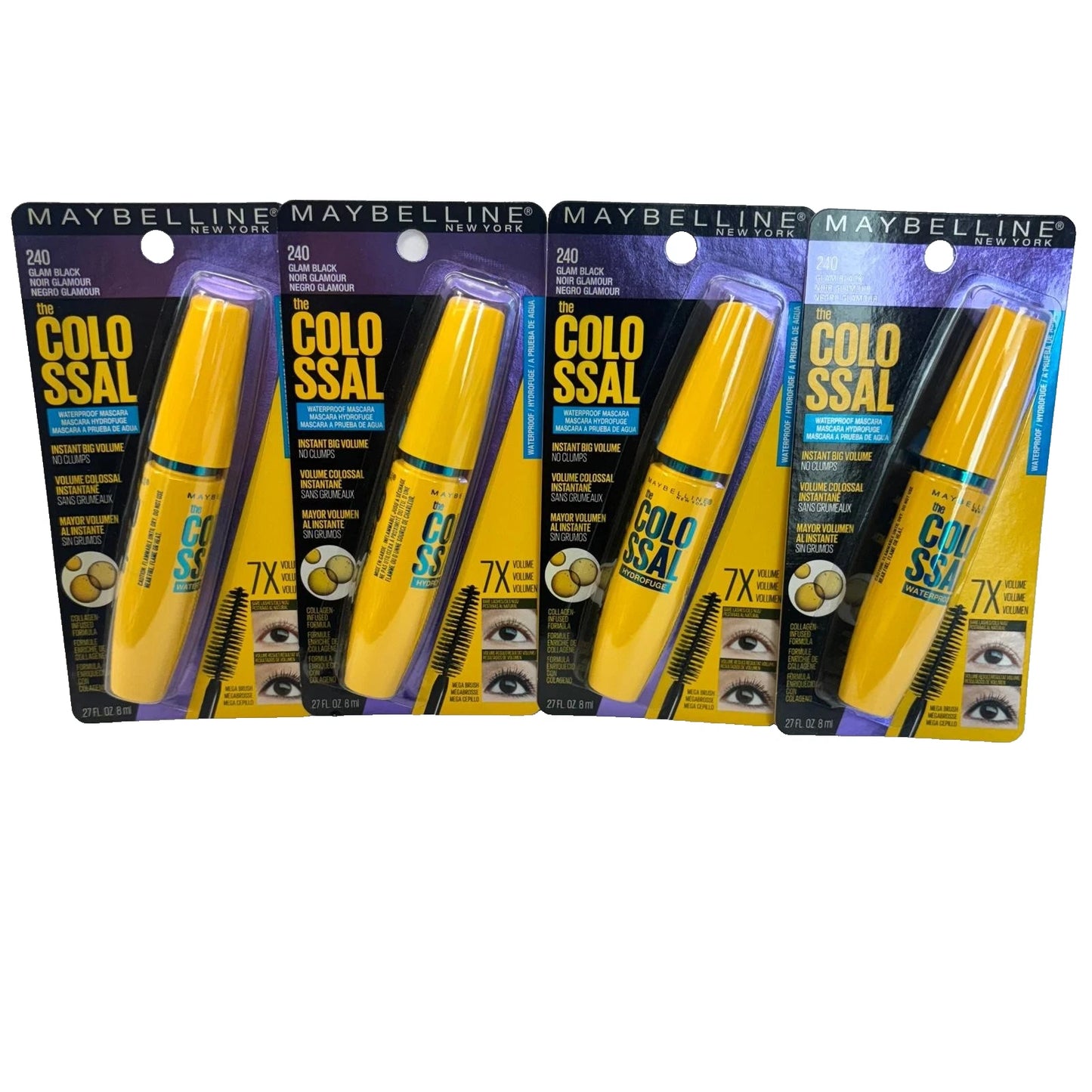 Lot of 4: Maybelline The Colossal Waterproof Mascara Waterproof 240 Glam Black